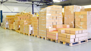 A large quantity of boxes are packaged on pallets.