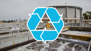 A traditional recycling symbol overlays a recycling plant.