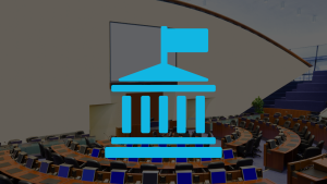 An international negotiation room with a government icon above.