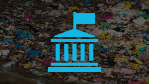 Discarded single use plastics litter a beach. A government icon is in the foreground.