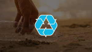 A hand picks up a littered water bottle on a shoreline. Recycling symbol icon.